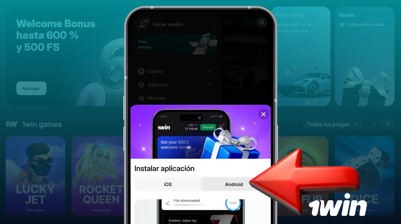 Selecciona la opción para dispositivos Android para descargar la aplicación móvil 1win