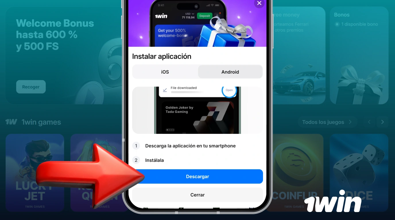 Haga clic en el botón Descargar la aplicación 1win para Android