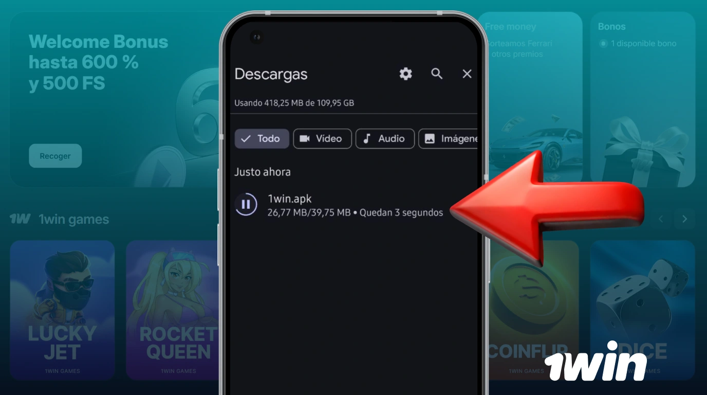 Espere a que termine la descarga del archivo APK de 1win
