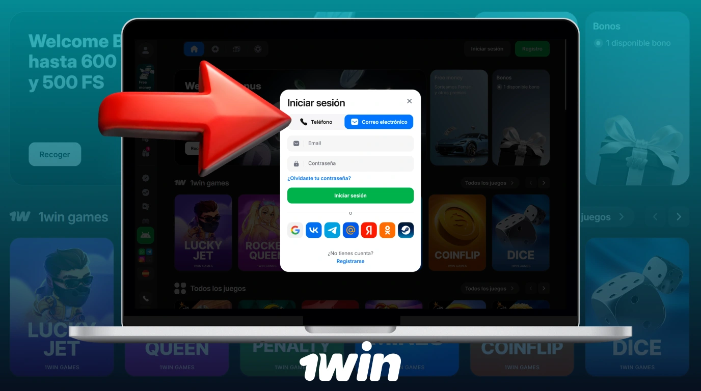 Elige la forma de iniciar sesión en tu cuenta de 1win