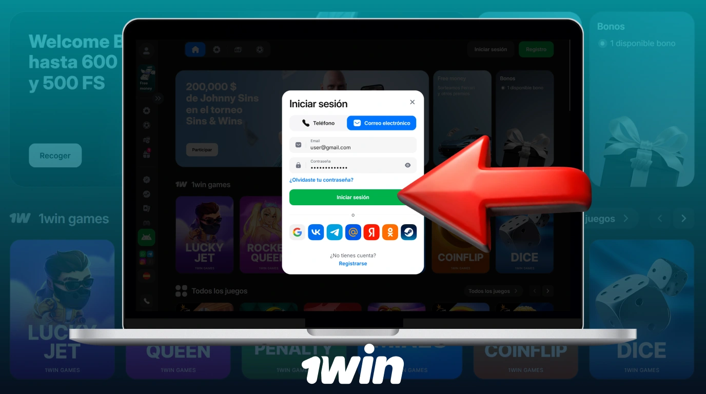 Pulsa el botón Iniciar sesión para acceder a tu cuenta de 1win