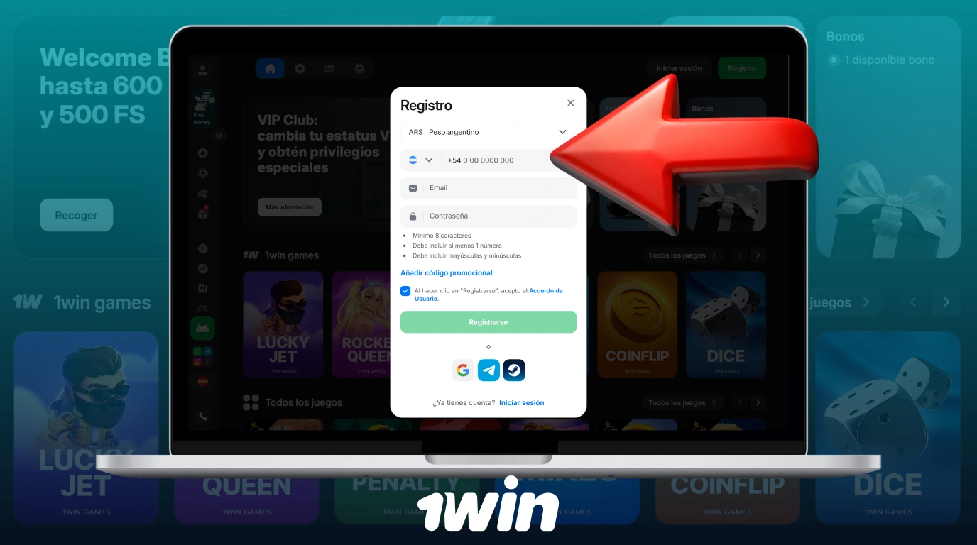 Ingrese su número de teléfono celular argentino para crear una cuenta en 1win