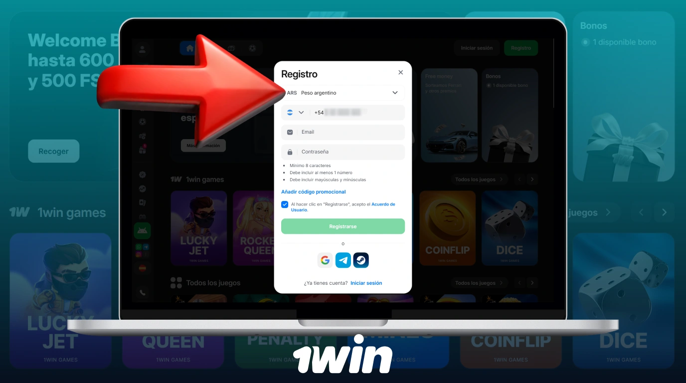 Seleccione el peso argentino como moneda de su cuenta para crear una cuenta en 1win