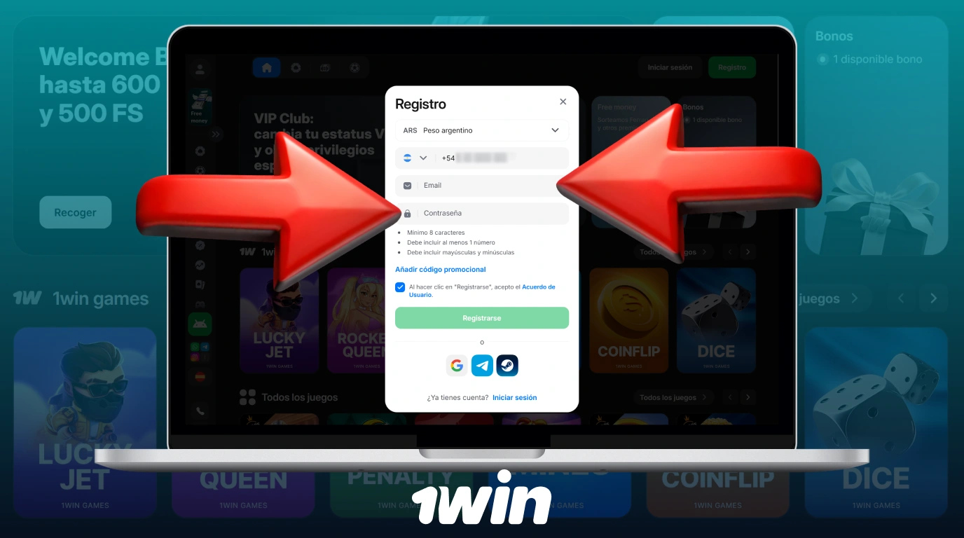 Rellene el formulario con sus datos para crear una cuenta en 1win