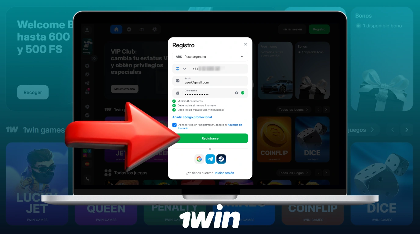 Acepte los términos y condiciones y confirme el registro para crear una cuenta 1win en Argentina